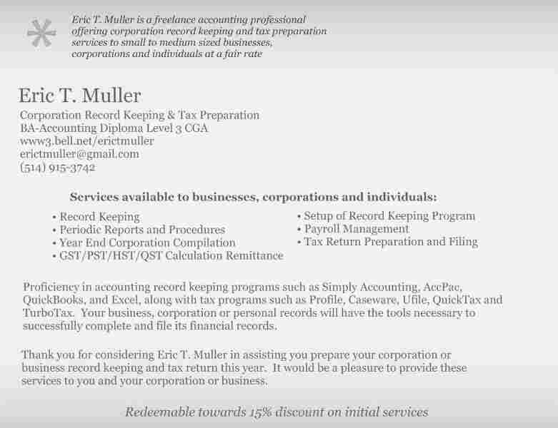 Eric T. Muller Corporate Record Keeping & Tax Preparation