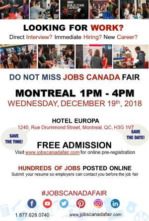 FREE: MONTREAL JOB FAIR - DECEMBER 19TH, 2018
