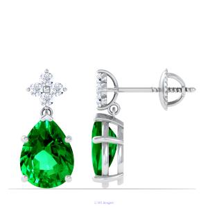 Pear Emerald Mini-Dangle Earrings with Floral Clustered Round Diamonds