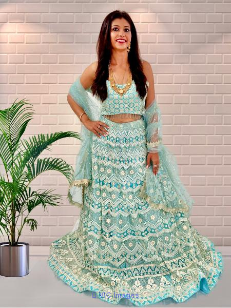 Blue Reshman, Sequins Stitched Lengha
