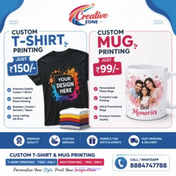 T Shirt printing Rs. 150/- | Mug Printing Rs. 99/- | Call Now Creative